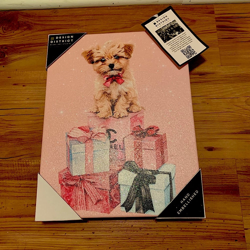 Adorable glittery Chanel Puppy and Gifts Canvas Art
